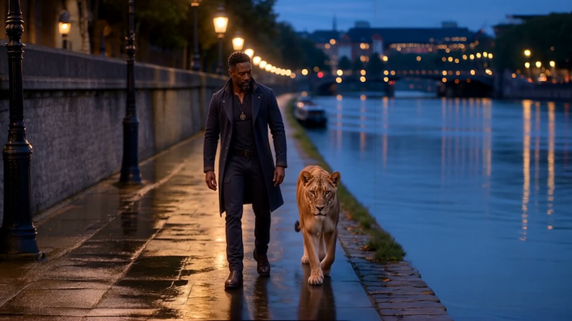 Salomon and Léo walking beside the river in Frankfurt at night